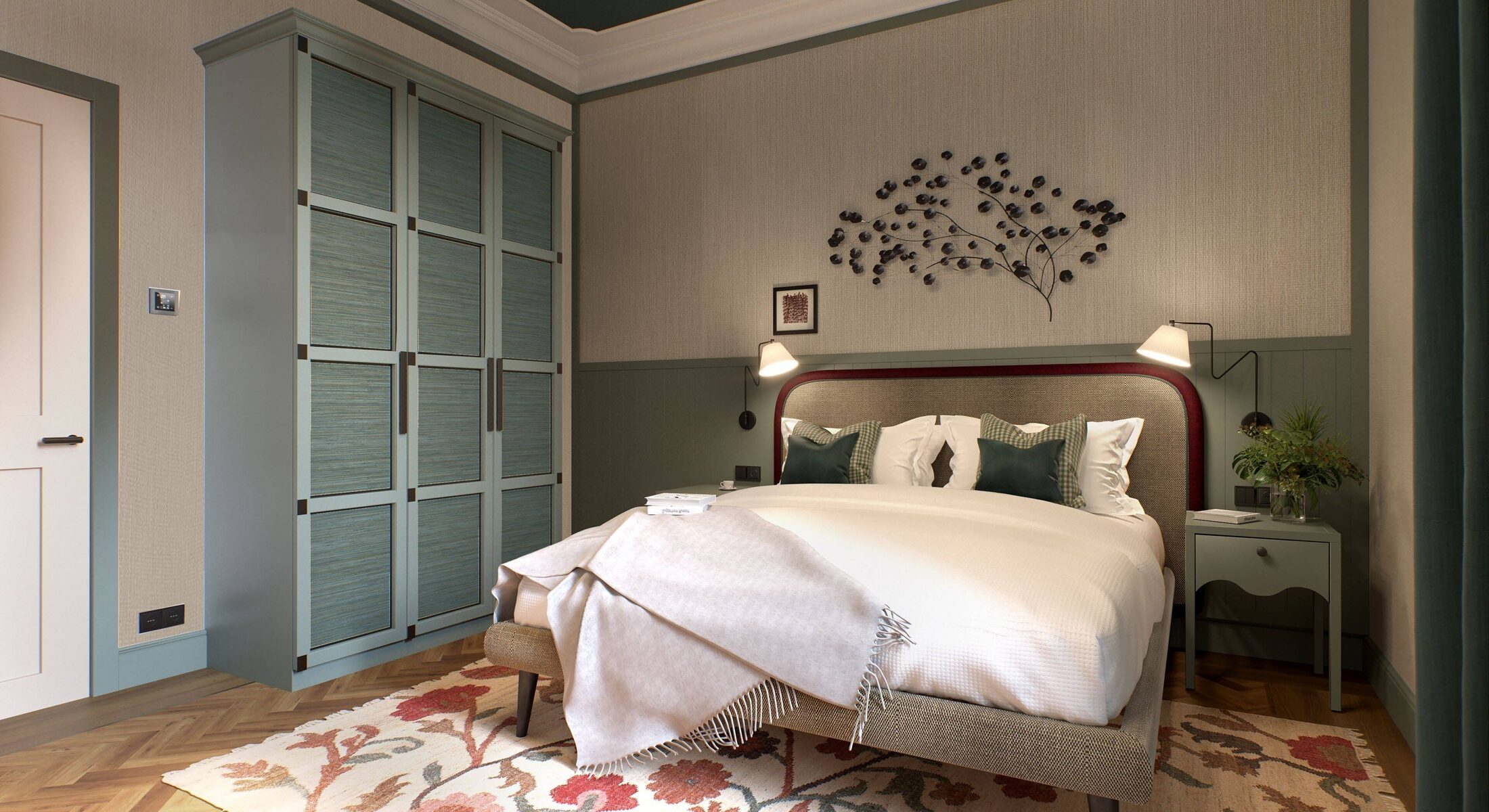 Camera elegante sui toni del verde con letto matrimoniale, poltrona