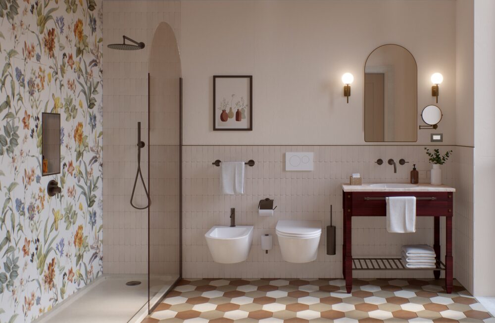 Bagno elegante con ampia doccia walk-in decorata da piastrelle floreali, lavabo con specchio e sanitari moderni