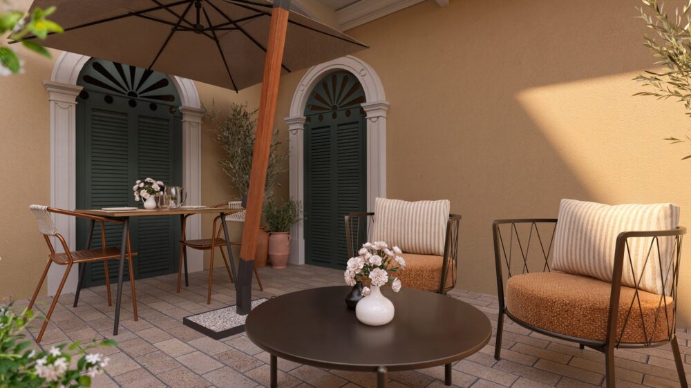 Terrazza dell'appartamento con tavolini