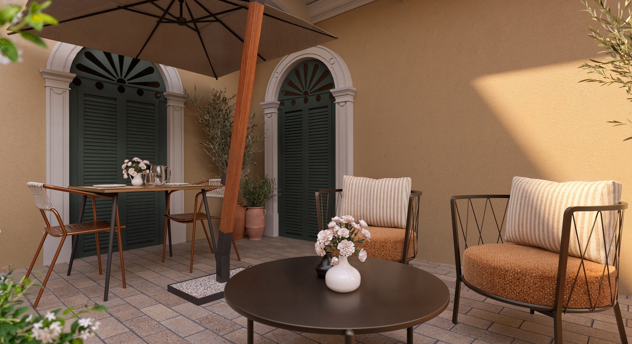 Terrazza dell'appartamento con tavolini