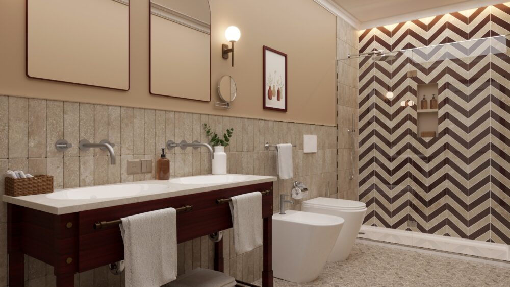 Bagno elegante con doppio lavabo, ampia doccia walk-in e rivestimento a motivi geometrici