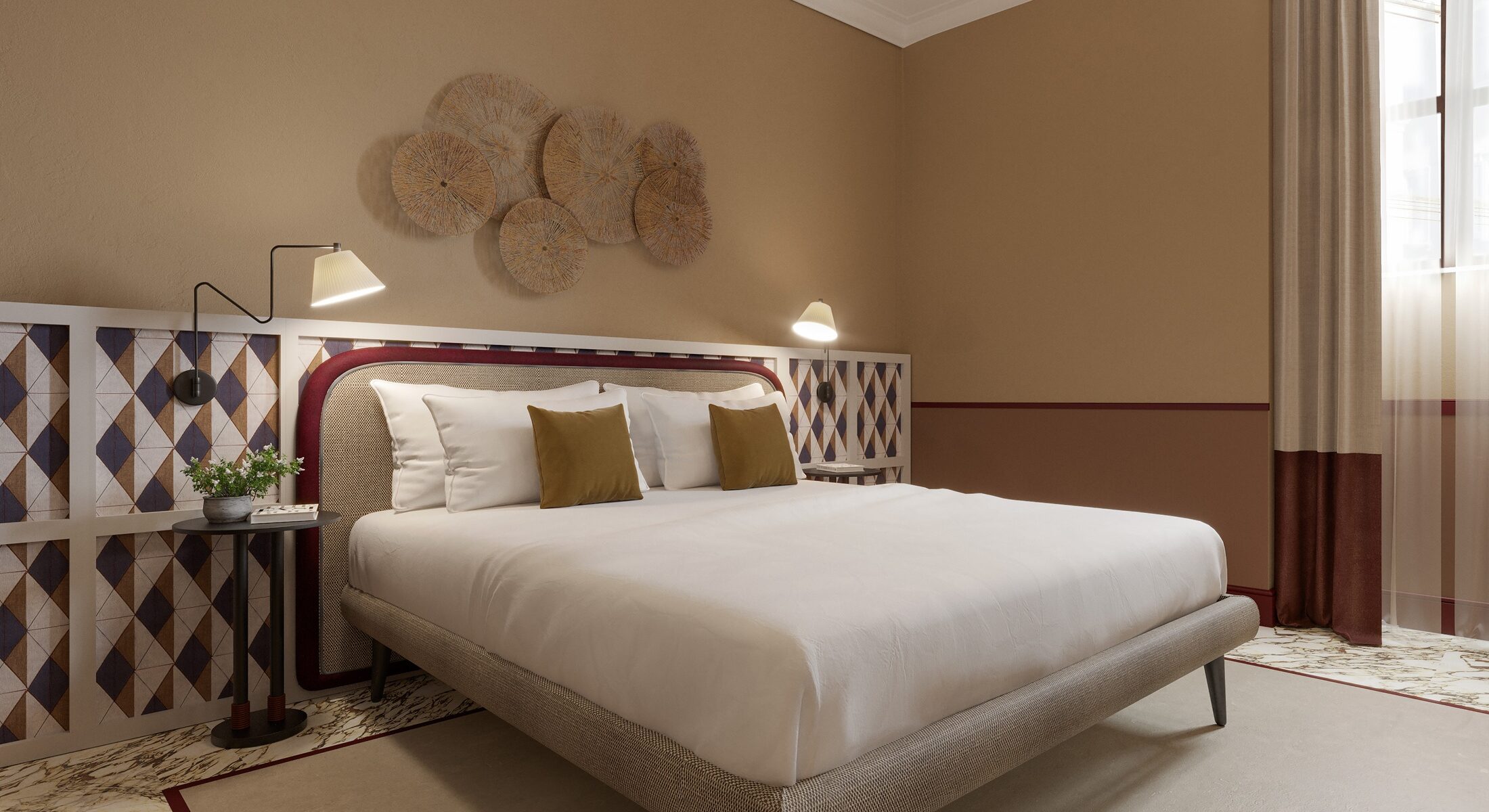 Camera elegante con letto matrimoniale e colori che richiamano la pietra veronese